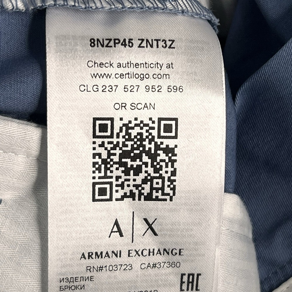 AX Armani Exchange Pants Chino Mens 34X32 Blue Slim Fit Lightweight Stretch NEW - Picture 16 of 16